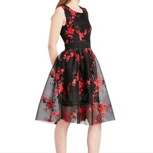 Maje Robe Maille Basket Black and Red Floral Embroidered Midi Dress
